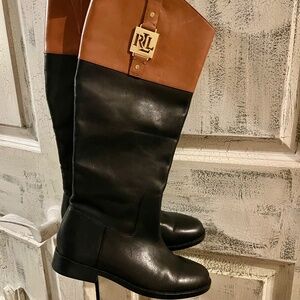 Ralph Lauren Women's Black and Brown Riding Leather Boots, 5B